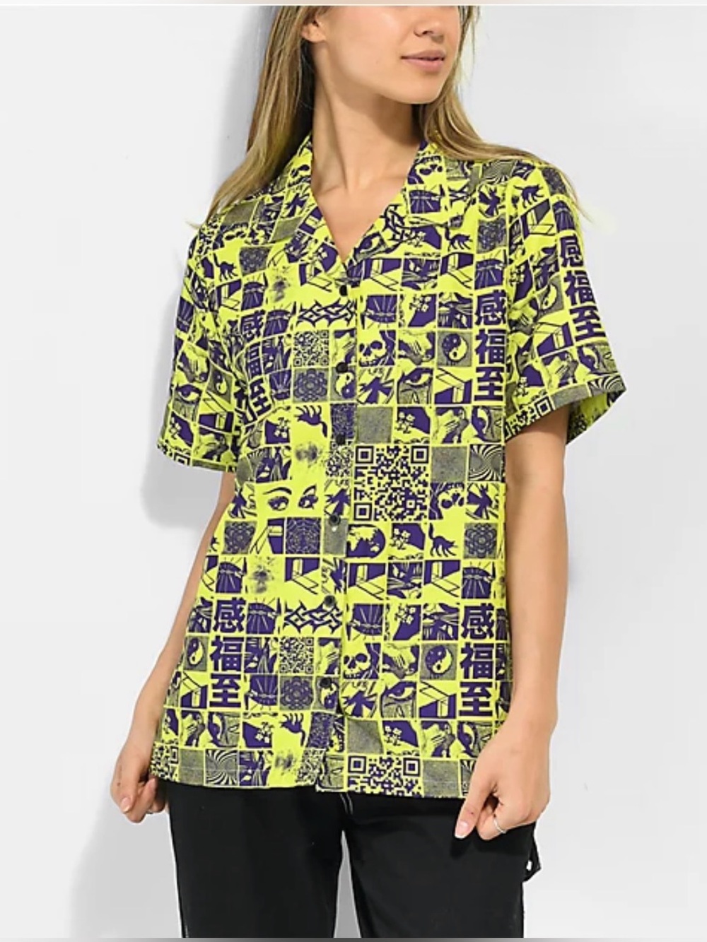 NWOT VITRIOL Neon Green & Purple Graphic Button-Down Shirt